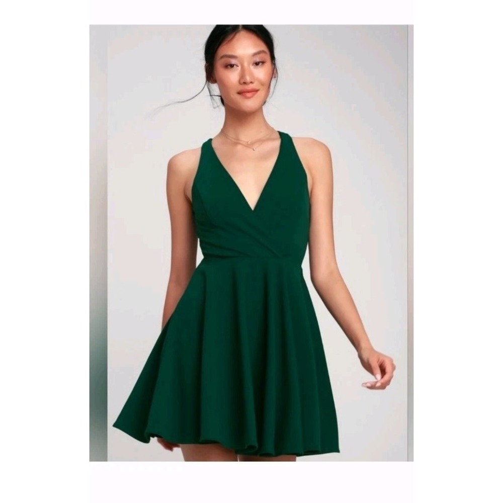 NWT Lulus Wonder Whirl Dark Green Twist Back Skater Dress Size M